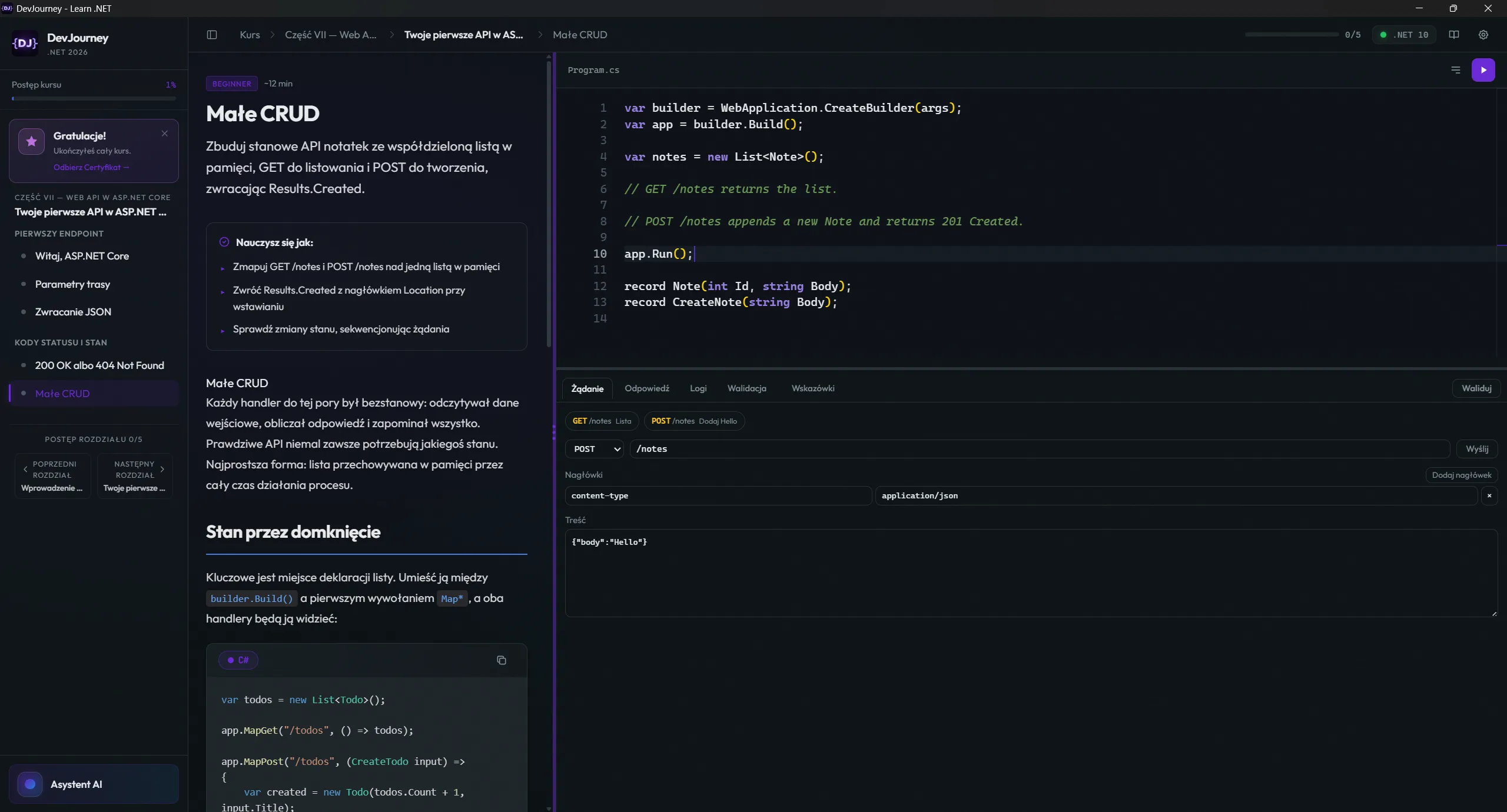 DevJourney: a lesson on ASP.NET Core on the left, the C# editor and the built-in HTTP request panel on the right.